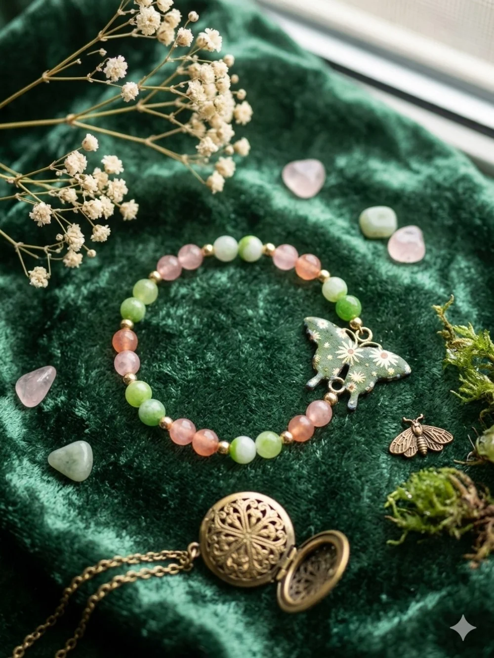 Handmade Green & Pink Beaded Butterfly Charm Bracelet